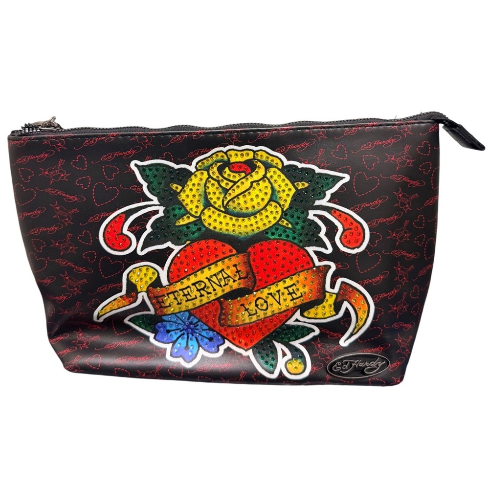 Ed Hardy Cosmetic Case Womens OS Eternal Love Black Rhinestone Tattoo NEW